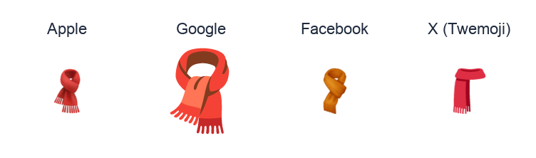 Scarf emoji artwork compared side by side for Apple, Google Noto, Facebook, and X Twemoji styles on white.