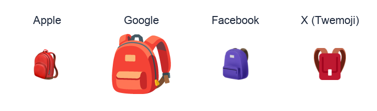 School Satchel emoji artwork compared side by side for Apple, Google Noto, Facebook, and X Twemoji styles on white.