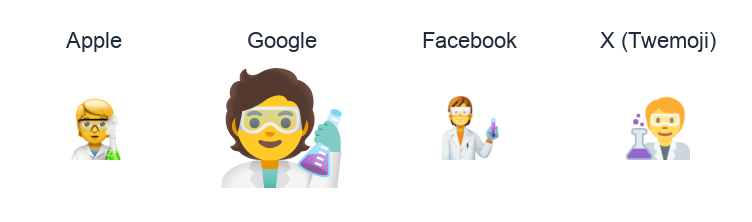 Scientist emoji artwork compared side by side for Apple, Google Noto, Facebook, and X Twemoji styles on white.