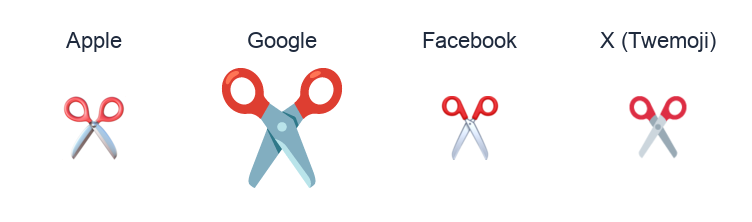Black Scissors emoji artwork compared side by side for Apple, Google Noto, Facebook, and X Twemoji styles on white.