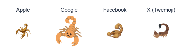 Scorpion emoji artwork compared side by side for Apple, Google Noto, Facebook, and X Twemoji styles on white.