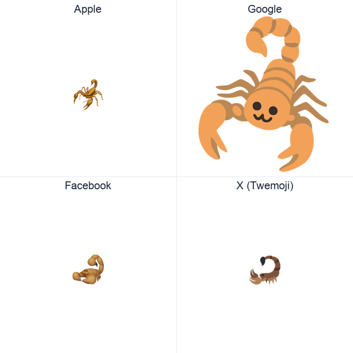 Scorpion emoji in a square grid: Apple and Google on the top row, Facebook and X Twemoji on the bottom, on white.