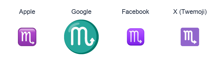 Scorpius emoji artwork compared side by side for Apple, Google Noto, Facebook, and X Twemoji styles on white.