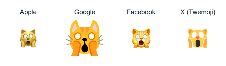 Weary Cat Face emoji artwork compared side by side for Apple, Google Noto, Facebook, and X Twemoji styles on white.