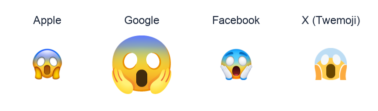 Face Screaming In Fear emoji artwork compared side by side for Apple, Google Noto, Facebook, and X Twemoji styles on white.