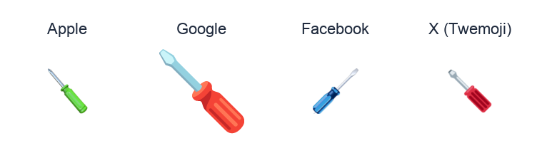 Screwdriver emoji artwork compared side by side for Apple, Google Noto, Facebook, and X Twemoji styles on white.