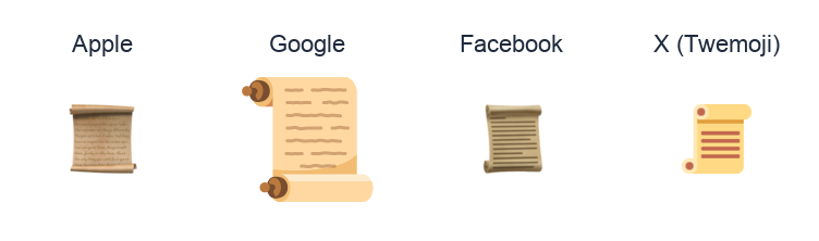 Scroll emoji artwork compared side by side for Apple, Google Noto, Facebook, and X Twemoji styles on white.