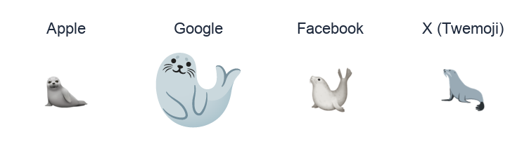 Seal emoji artwork compared side by side for Apple, Google Noto, Facebook, and X Twemoji styles on white.