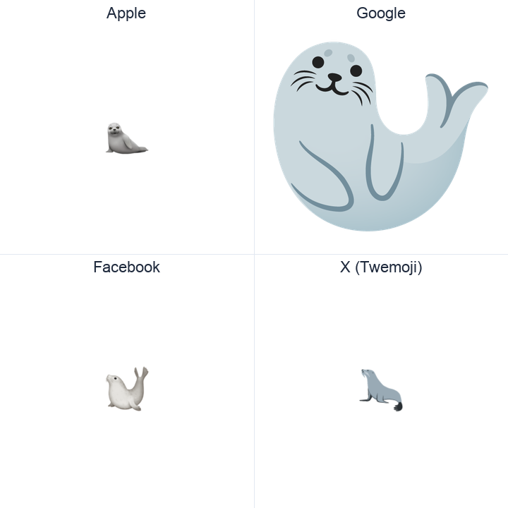 Seal emoji in a square grid: Apple and Google on the top row, Facebook and X Twemoji on the bottom, on white.