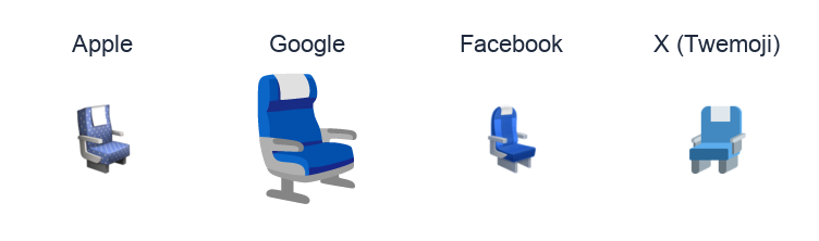 Seat emoji artwork compared side by side for Apple, Google Noto, Facebook, and X Twemoji styles on white.