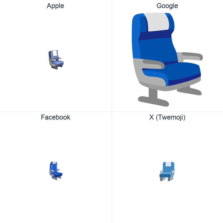 Seat emoji in a square grid: Apple and Google on the top row, Facebook and X Twemoji on the bottom, on white.