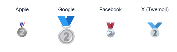Second Place Medal emoji artwork compared side by side for Apple, Google Noto, Facebook, and X Twemoji styles on white.