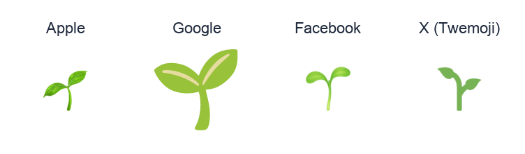 Seedling emoji artwork compared side by side for Apple, Google Noto, Facebook, and X Twemoji styles on white.