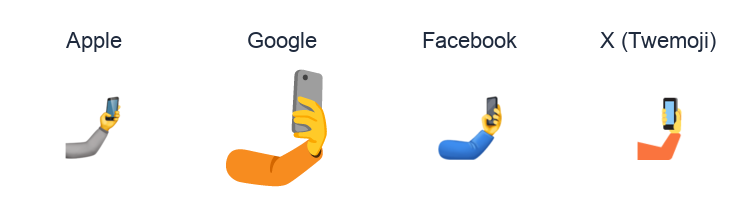 Selfie emoji artwork compared side by side for Apple, Google Noto, Facebook, and X Twemoji styles on white.