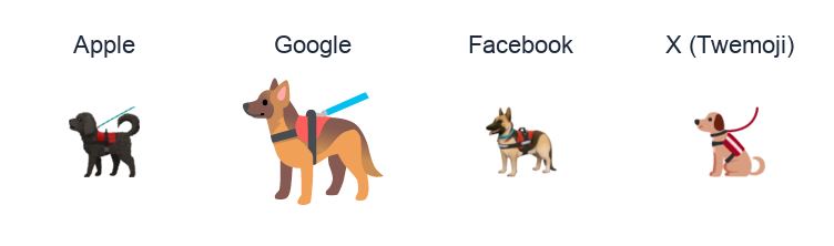 Service Dog emoji artwork compared side by side for Apple, Google Noto, Facebook, and X Twemoji styles on white.