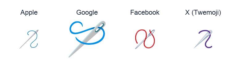 Sewing Needle emoji artwork compared side by side for Apple, Google Noto, Facebook, and X Twemoji styles on white.