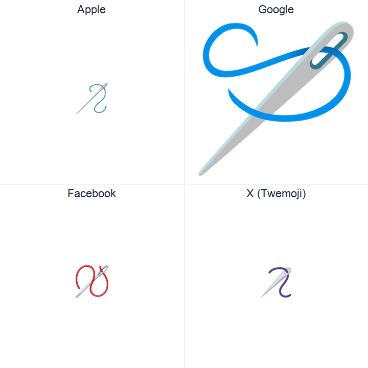 Sewing Needle emoji in a square grid: Apple and Google on the top row, Facebook and X Twemoji on the bottom, on white.