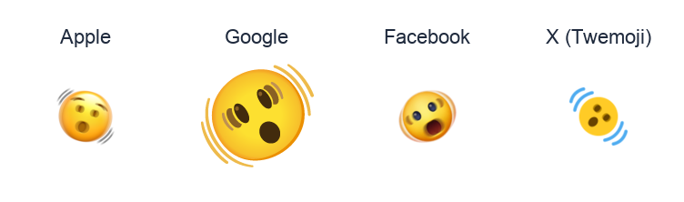 Shaking Face emoji artwork compared side by side for Apple, Google Noto, Facebook, and X Twemoji styles on white.