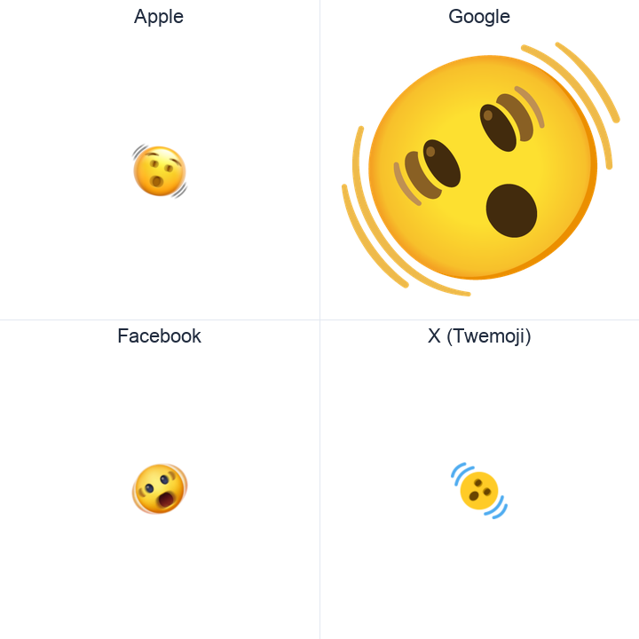 Shaking Face emoji in a square grid: Apple and Google on the top row, Facebook and X Twemoji on the bottom, on white.