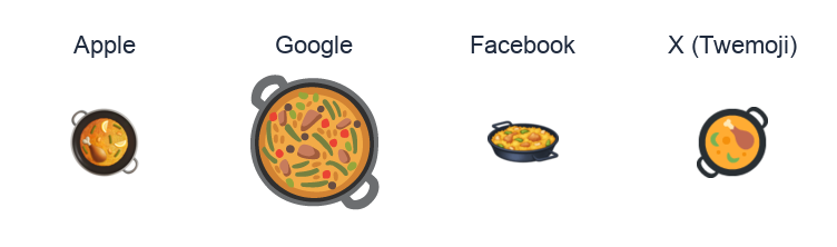 Shallow Pan Of Food emoji artwork compared side by side for Apple, Google Noto, Facebook, and X Twemoji styles on white.