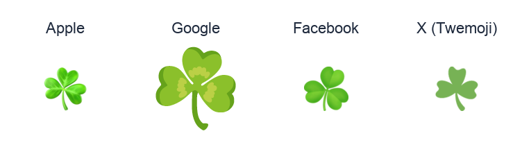 Shamrock emoji artwork compared side by side for Apple, Google Noto, Facebook, and X Twemoji styles on white.