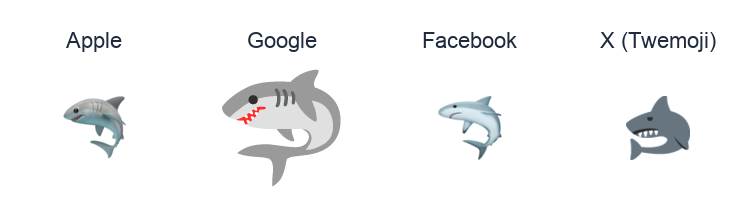Shark emoji artwork compared side by side for Apple, Google Noto, Facebook, and X Twemoji styles on white.