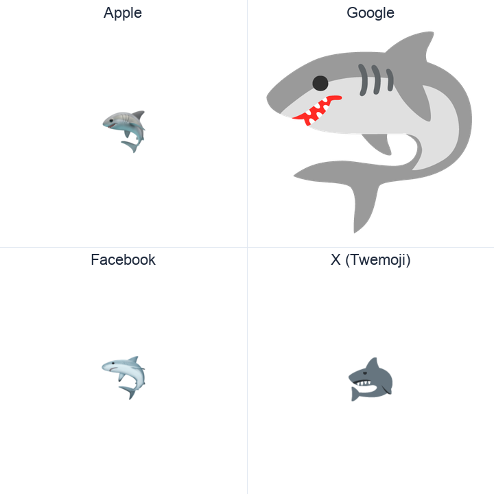 Shark emoji in a square grid: Apple and Google on the top row, Facebook and X Twemoji on the bottom, on white.
