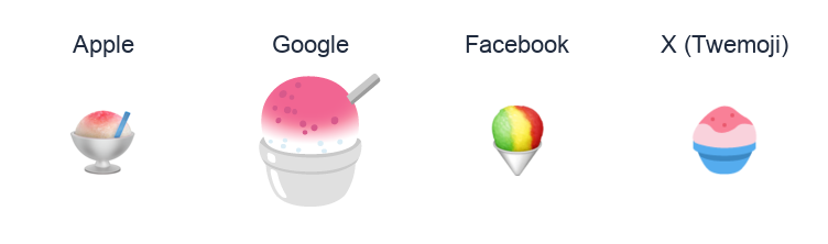 Shaved Ice emoji artwork compared side by side for Apple, Google Noto, Facebook, and X Twemoji styles on white.