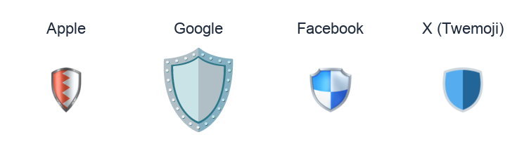 Shield emoji artwork compared side by side for Apple, Google Noto, Facebook, and X Twemoji styles on white.
