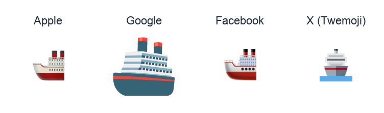 Ship emoji artwork compared side by side for Apple, Google Noto, Facebook, and X Twemoji styles on white.