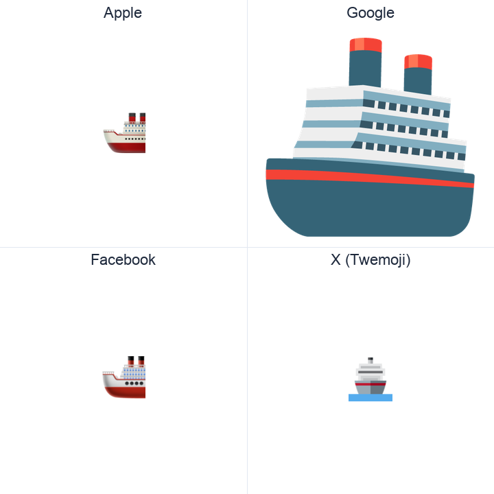 Ship emoji in a square grid: Apple and Google on the top row, Facebook and X Twemoji on the bottom, on white.