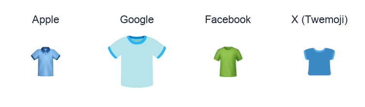 T-Shirt emoji artwork compared side by side for Apple, Google Noto, Facebook, and X Twemoji styles on white.