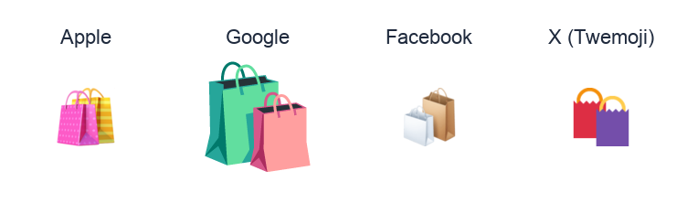 Shopping Bags emoji artwork compared side by side for Apple, Google Noto, Facebook, and X Twemoji styles on white.