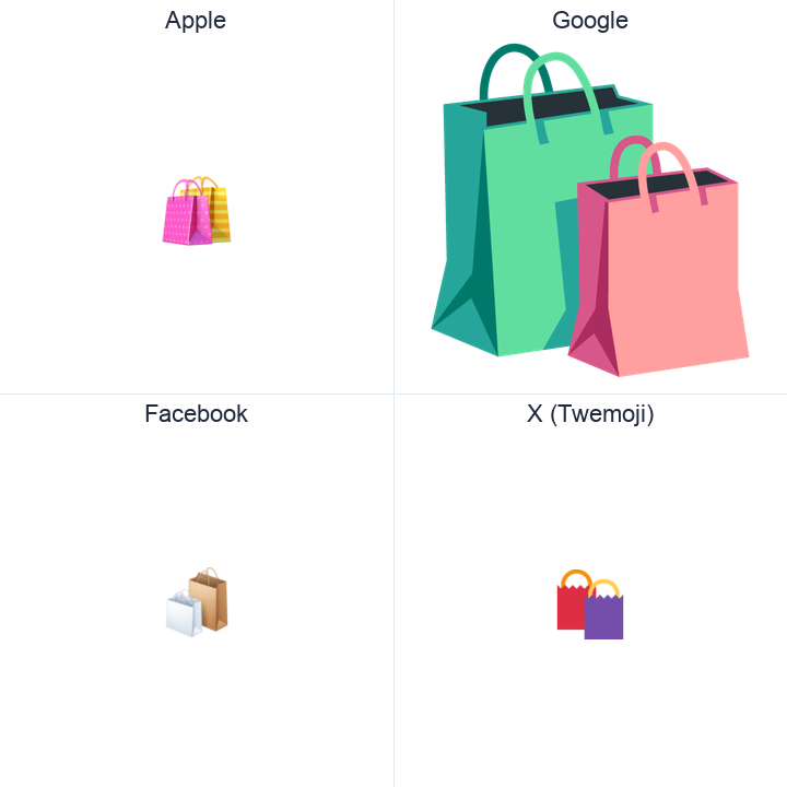 Shopping Bags emoji in a square grid: Apple and Google on the top row, Facebook and X Twemoji on the bottom, on white.