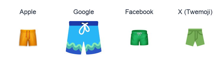 Shorts emoji artwork compared side by side for Apple, Google Noto, Facebook, and X Twemoji styles on white.
