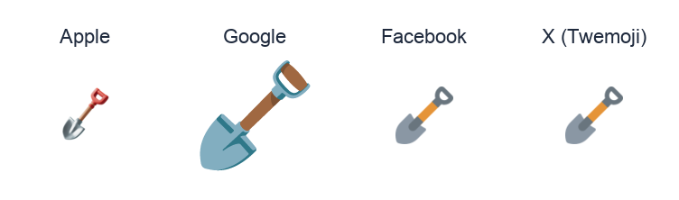 Shovel emoji artwork compared side by side for Apple, Google Noto, Facebook, and X Twemoji styles on white.
