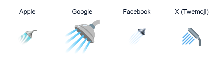 Shower emoji artwork compared side by side for Apple, Google Noto, Facebook, and X Twemoji styles on white.