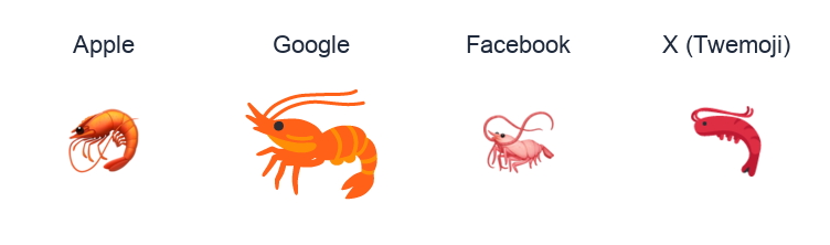 Shrimp emoji artwork compared side by side for Apple, Google Noto, Facebook, and X Twemoji styles on white.
