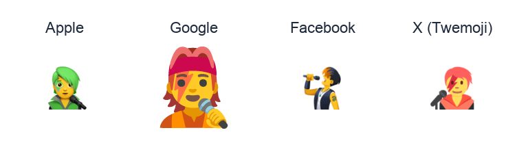 Singer emoji artwork compared side by side for Apple, Google Noto, Facebook, and X Twemoji styles on white.