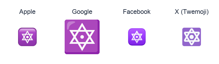 Six Pointed Star With Middle Dot emoji artwork compared side by side for Apple, Google Noto, Facebook, and X Twemoji styles on white.