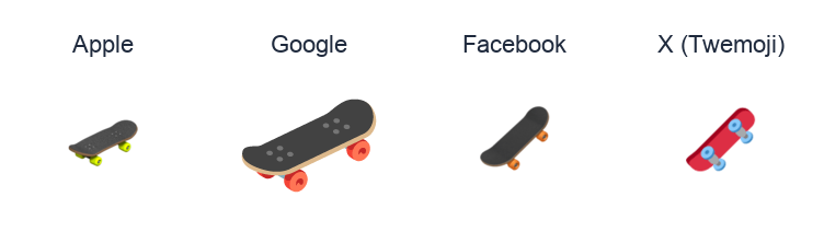 Skateboard emoji artwork compared side by side for Apple, Google Noto, Facebook, and X Twemoji styles on white.