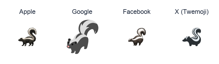 Skunk emoji artwork compared side by side for Apple, Google Noto, Facebook, and X Twemoji styles on white.