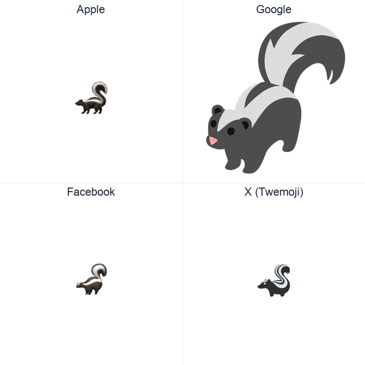 Skunk emoji in a square grid: Apple and Google on the top row, Facebook and X Twemoji on the bottom, on white.