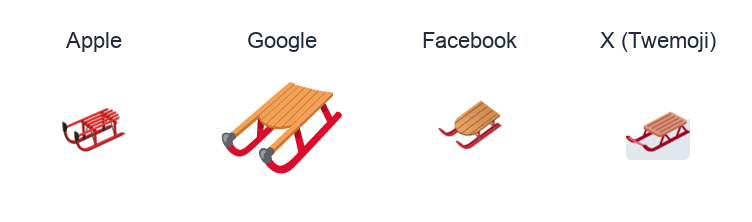 Sled emoji artwork compared side by side for Apple, Google Noto, Facebook, and X Twemoji styles on white.