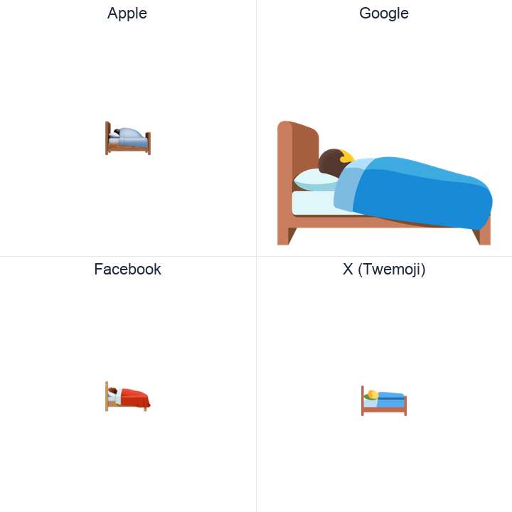 Sleeping Accommodation emoji in a square grid: Apple and Google on the top row, Facebook and X Twemoji on the bottom, on white.