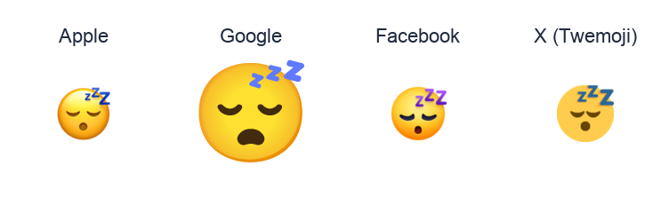 Sleeping Face emoji artwork compared side by side for Apple, Google Noto, Facebook, and X Twemoji styles on white.