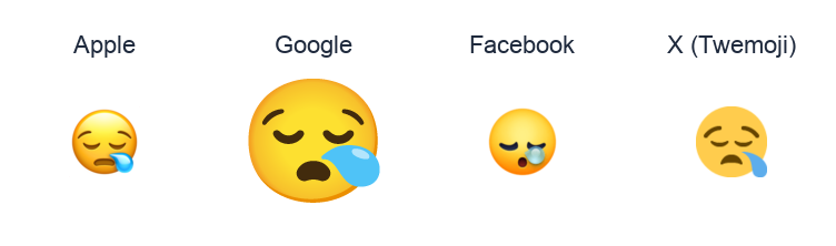 Sleepy Face emoji artwork compared side by side for Apple, Google Noto, Facebook, and X Twemoji styles on white.