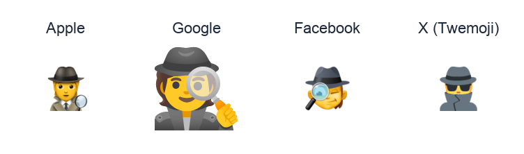 Detective emoji artwork compared side by side for Apple, Google Noto, Facebook, and X Twemoji styles on white.