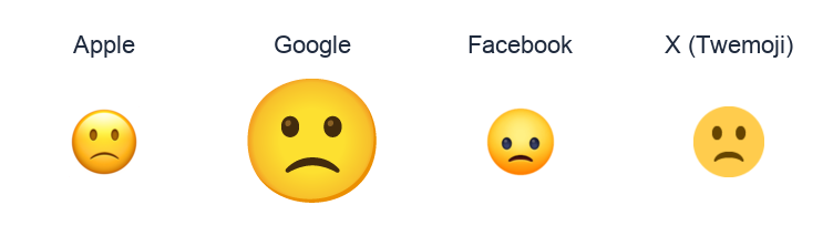 Slightly Frowning Face emoji artwork compared side by side for Apple, Google Noto, Facebook, and X Twemoji styles on white.