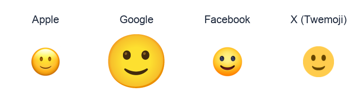 Slightly Smiling Face emoji artwork compared side by side for Apple, Google Noto, Facebook, and X Twemoji styles on white.